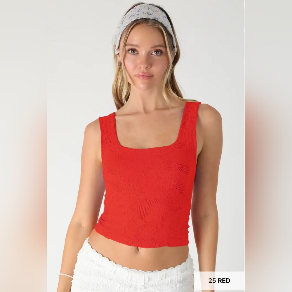 #1380 Nikibiki Double Layered Floral Textured Square Neck Crop Tank-Red